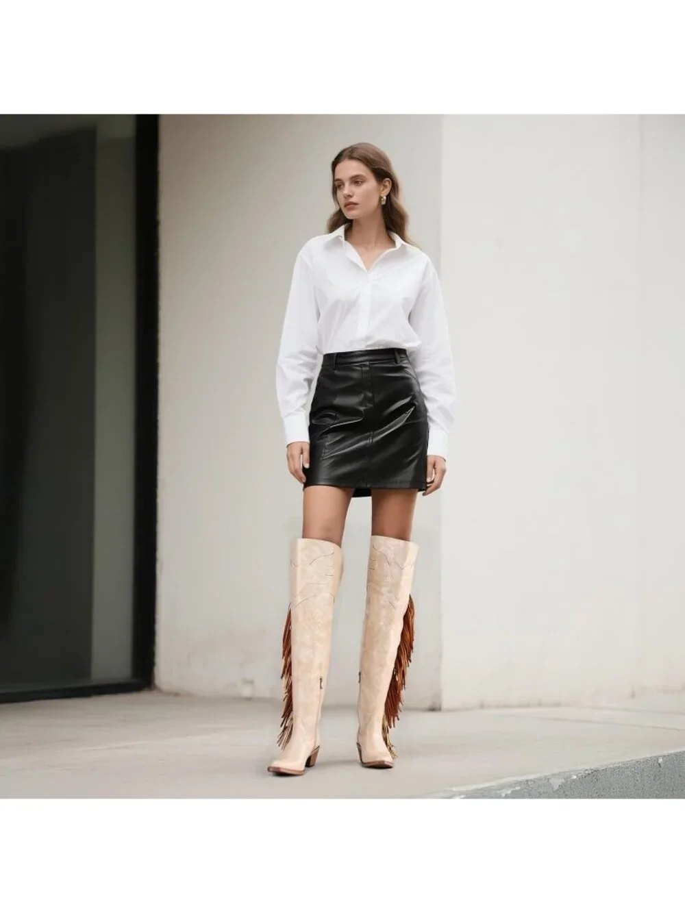 Women's Beige Knee High Furry Heel Boots Faux Fur Pointed Toe Snow Western Boots